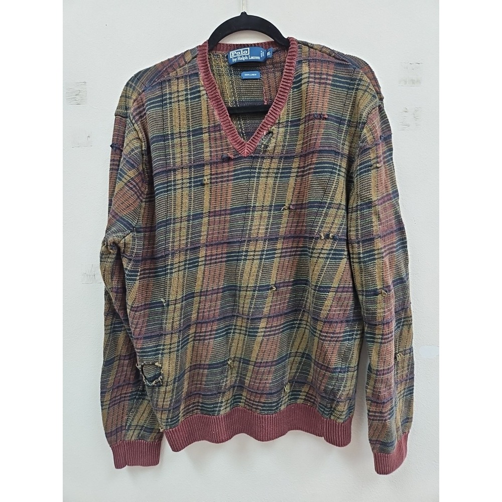 Polo Ralph Lauren Vintage  100% Linen Distressed Frayed V-Neck Sweater Mens XXL